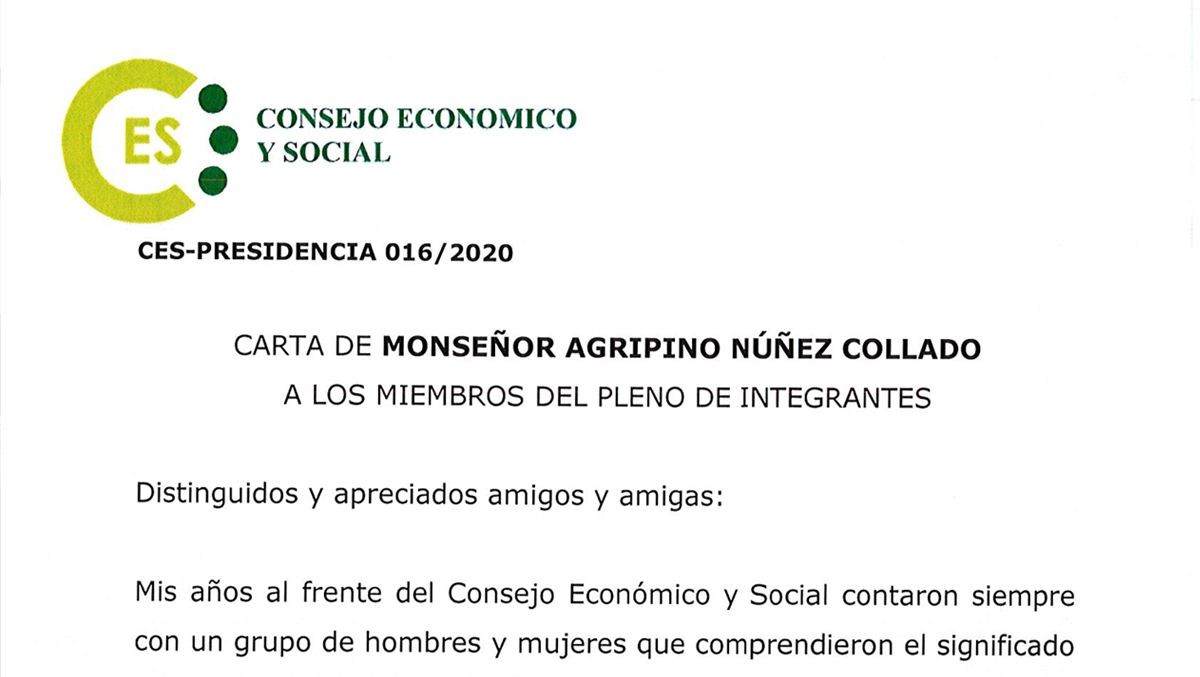 Carta de Monseñor Agripino Núñez Collado a los miembros del Pleno de Integrantes del CES