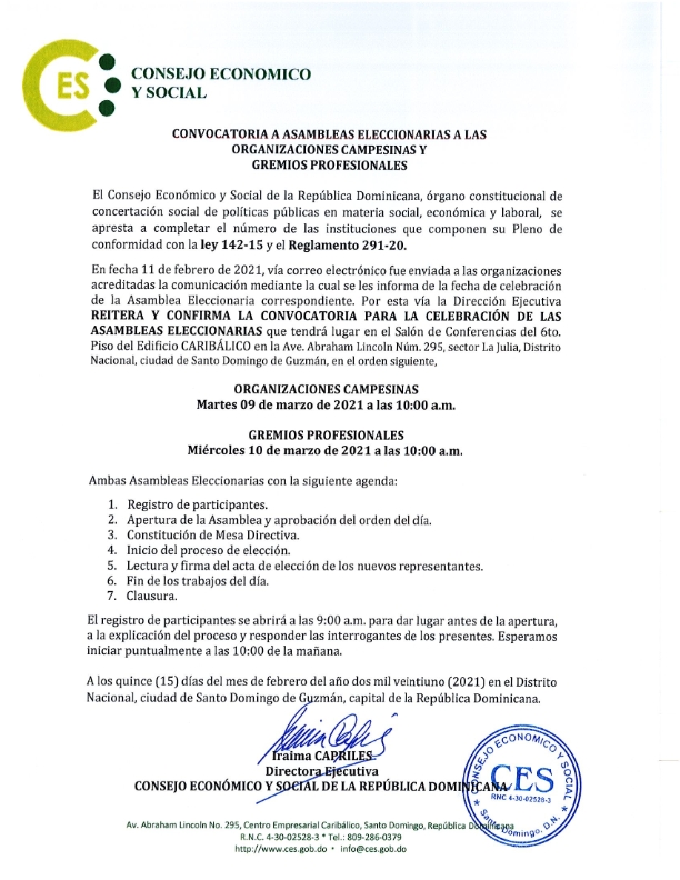 CONVOCATORIA ASAMBLEAS ELECCIONARIAS ORG CAMPESINAS Y GREMIOS 15 02 21 001