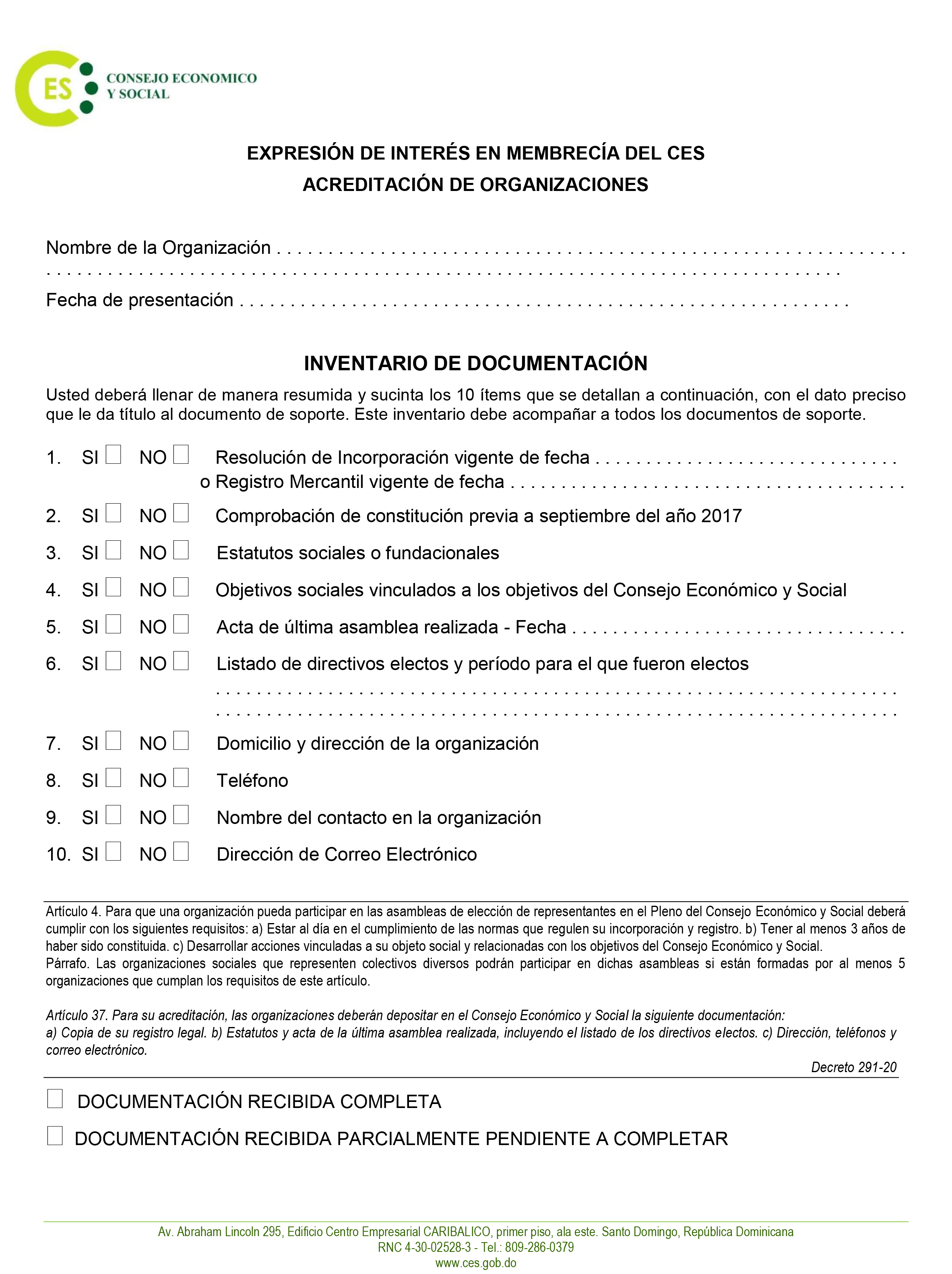 Inventario de Documentacion Expresion Interes Membrecia CES